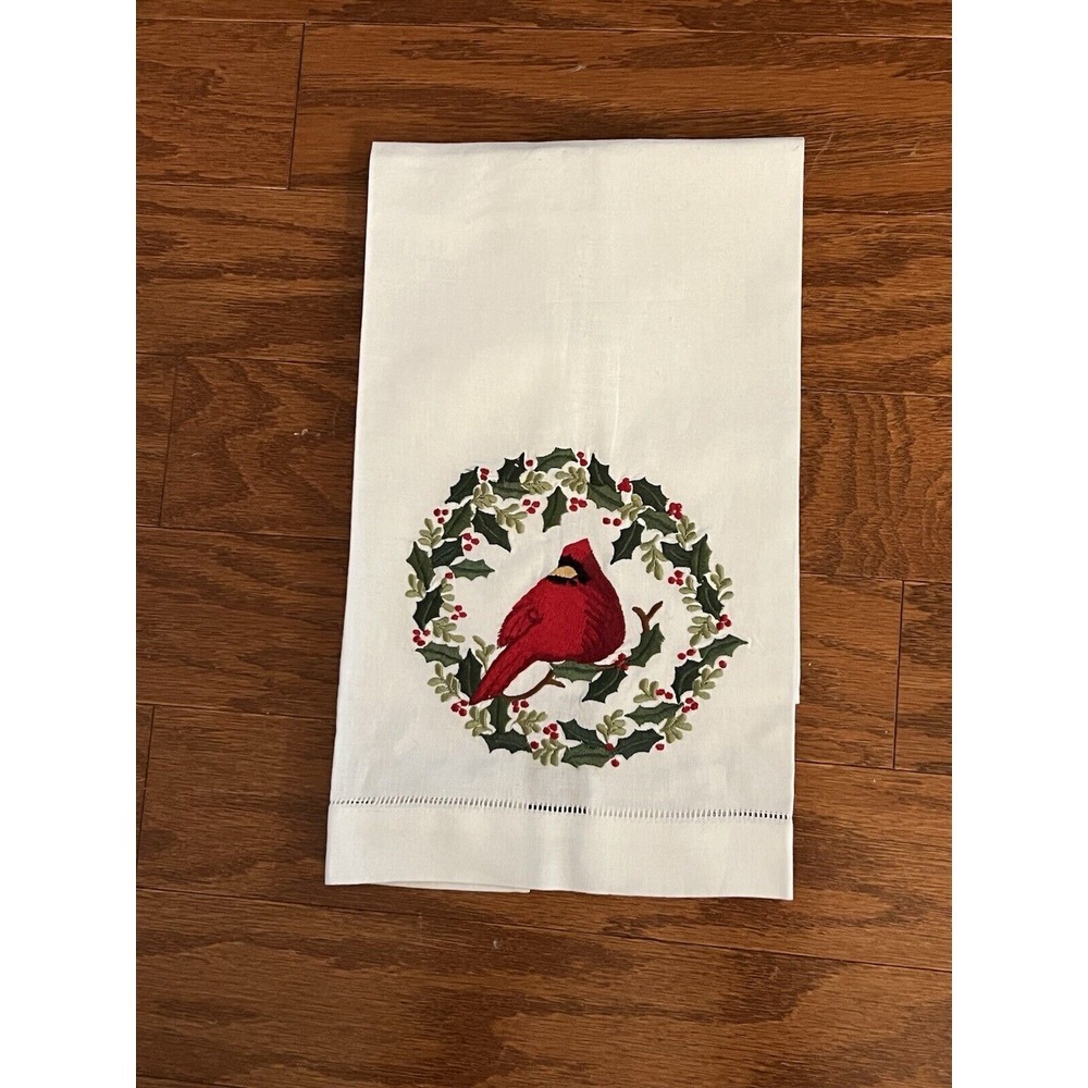 Embroidered Christmas Holiday Tea Towel Cardinal Wreath Cotton NEW
